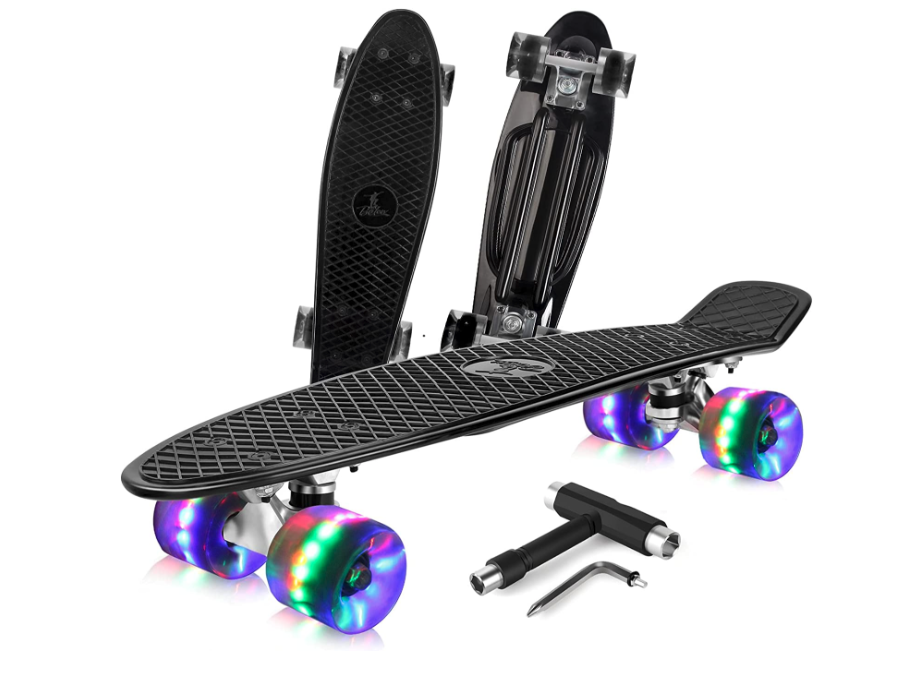Black complete skateboard with glowing wheels