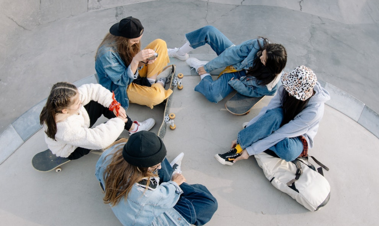 group sitting around a skatepark