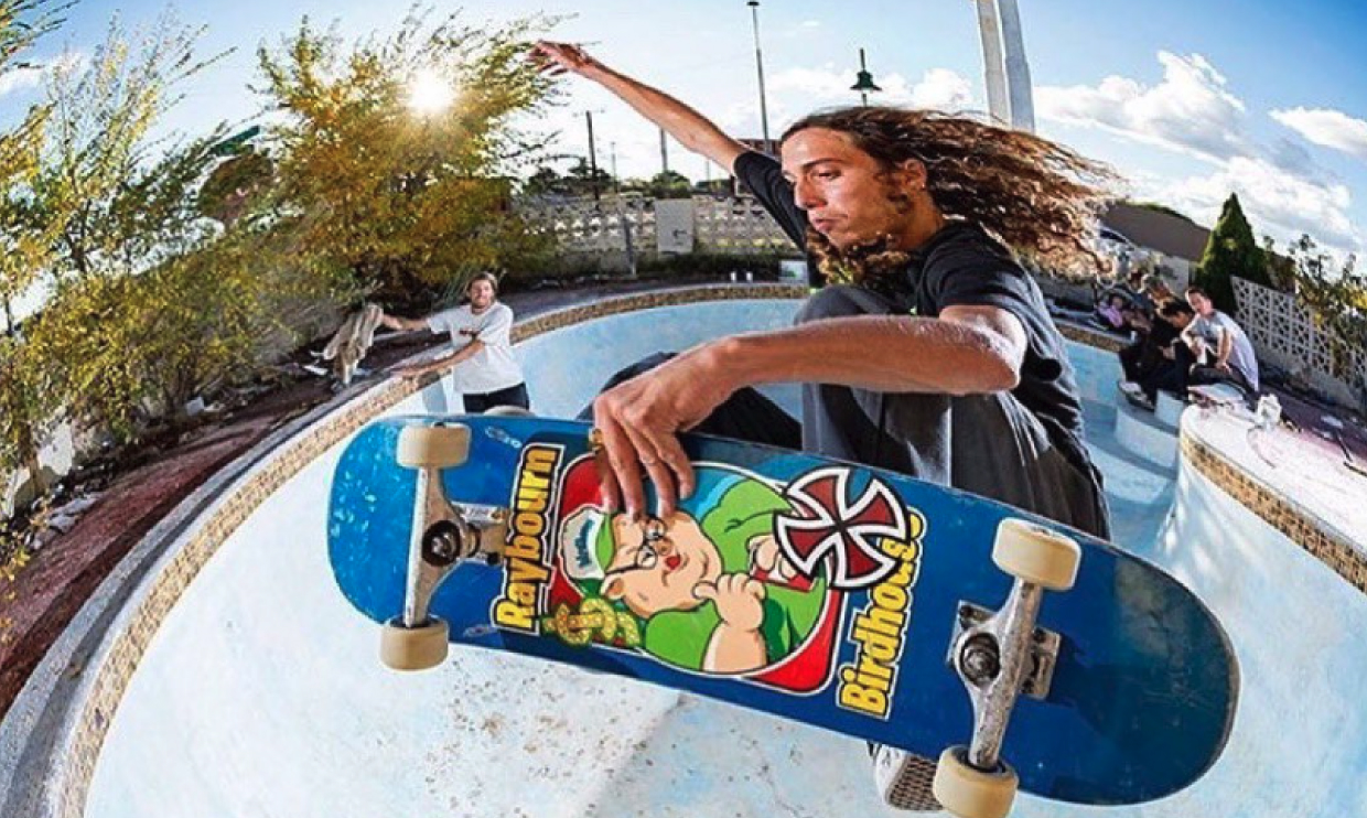 Skateboarder riding a birdhouse skateboard