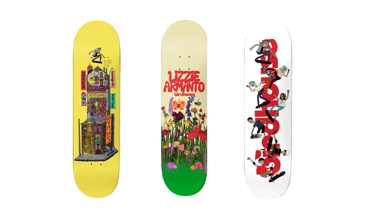 3 examples of birdhouse skateboards deck designs
