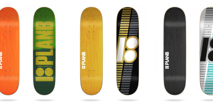 Selection of plan B skateboards in a row