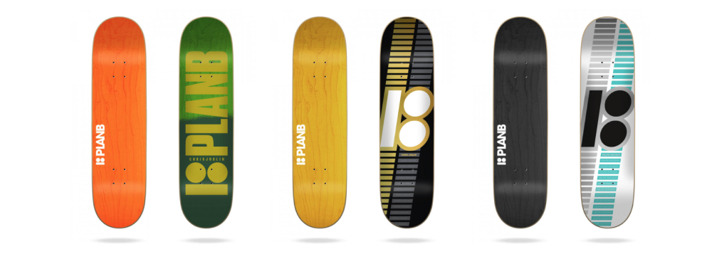 Selection of plan B skateboards in a row